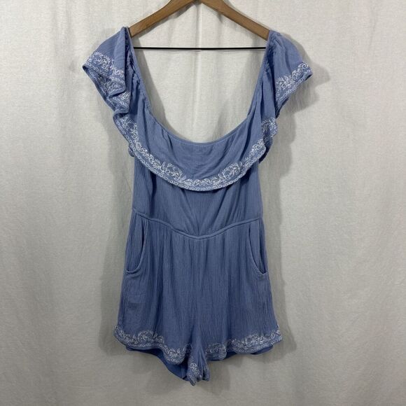 Francescas Blue Rain Blue Embroidered Off Shoulder Romper Womens Size M Boho - Picture 1 of 11